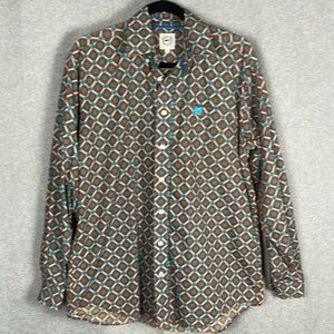 Cinch Men’s Small Brown/Blue Long Shove Button Down Shirt 908